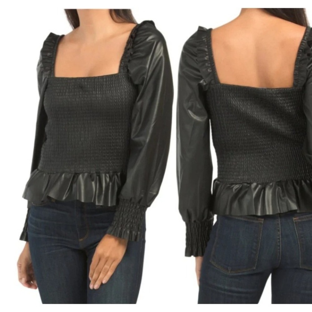 7 For All Mankind Faux Leather Top Women L Black Smocked Puff Sleeve Grunge Chic